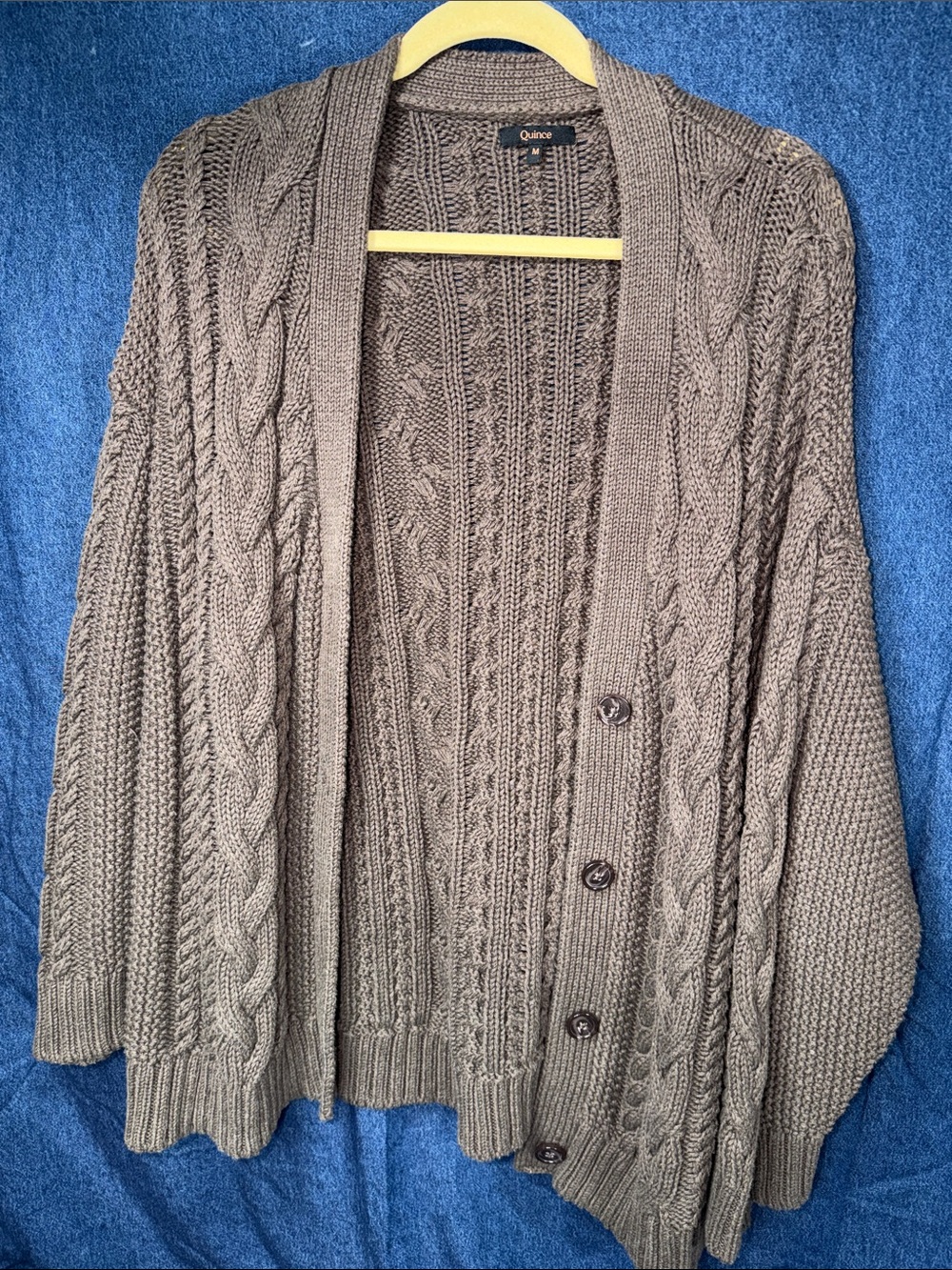 Quince Olive-Taupe Cable Knit Button Cardigan
